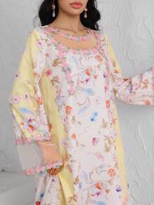 Yasmyna Áo Abaya phối ren và lưới hai lớp in hoa. - Màu be - Xem 6