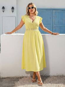 Vivid Eden 大码女式休闲日常优雅浪漫度假舒适柔软蕾丝拼接黄色连衣裙 - 黃色 - 查看 2