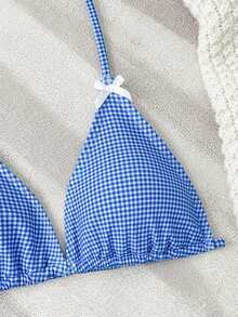 少女可爱蓝白格子针织露背比基尼套装，蝴蝶结装饰，两件式泳衣，时尚优雅，适合游泳、海滩、泳池、夏季度假 - 藍色 - 查看 3