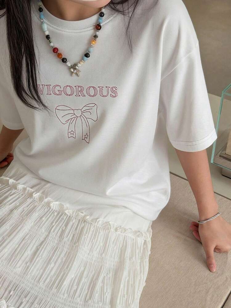 Tween Girls' Casual Bowknot & Letter Rhinestone Embellished Short Sleeve T-Shirt, Summer