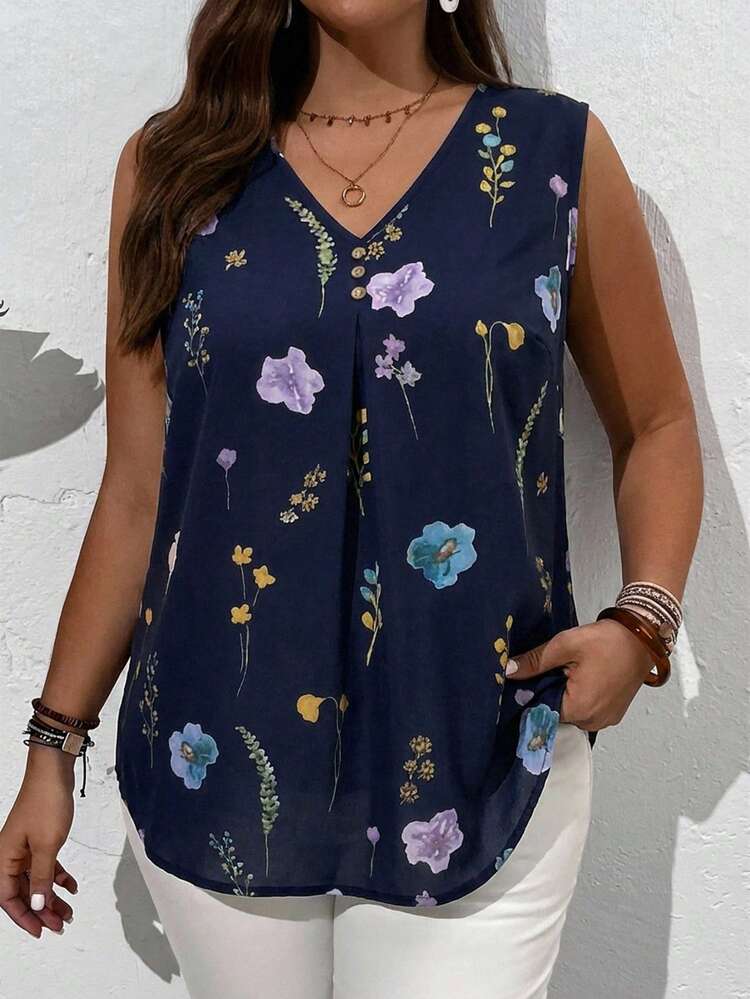 Plus Size Summer Countryside V-Neck Floral Printed Summer Sleeveless Blouse, Casual
