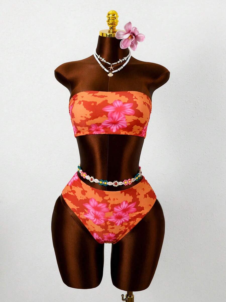Swim Vcay 2026 Spring/Summer Orange Floral Random Print Halter Backless Tie Side High Cut 2pcs Women Bikini Swimwear - Multicolor - View 1