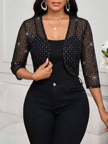 SHEIN Lady 女士水钻网眼开襟七分袖短款轻薄外套 - 黑色 - 查看 4