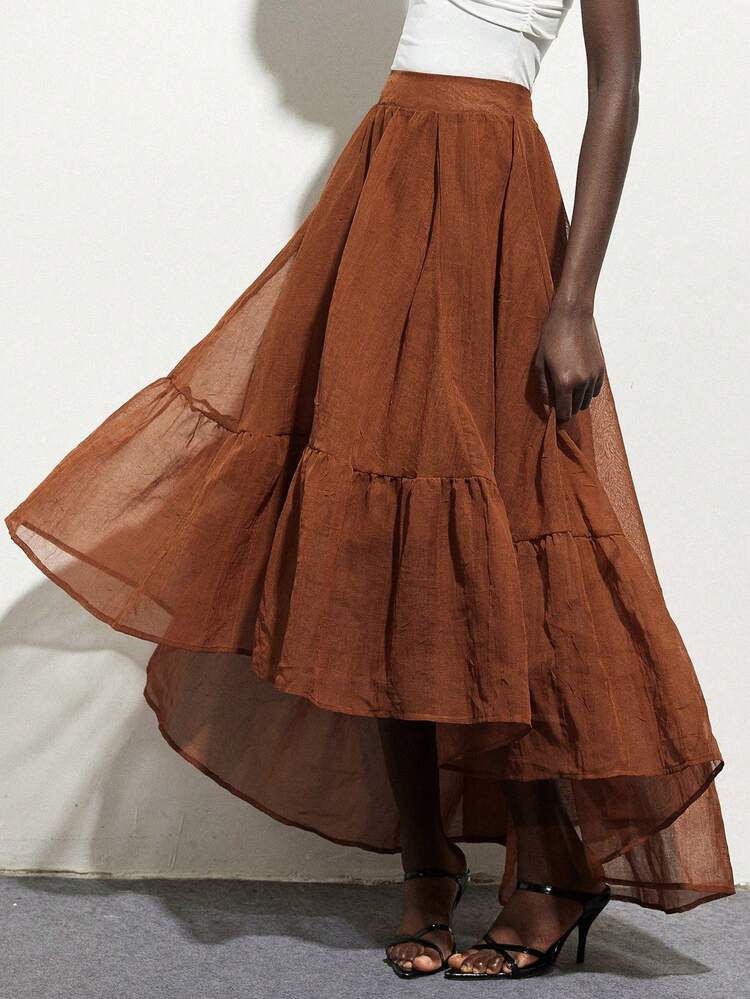 Aveloria Modichic High-Quality, Lightweight, Textured Fabric In A Caramel Brown Color Scheme. Featuring A Vintage Romantic Style With A Puffed Cake Skirt Element, High-Waisted Design, And Layered Ruffle Hem Details In An A-Line Skirt Silhouette. Crafted From A Flowing, Soft Material. Suitable For Dates, Afternoon Tea, Weekend Outings, Artistic Photoshoots, Music Festivals, Casual Daily Wear, And Romantic Dinners. - Coffee Brown - View 3
