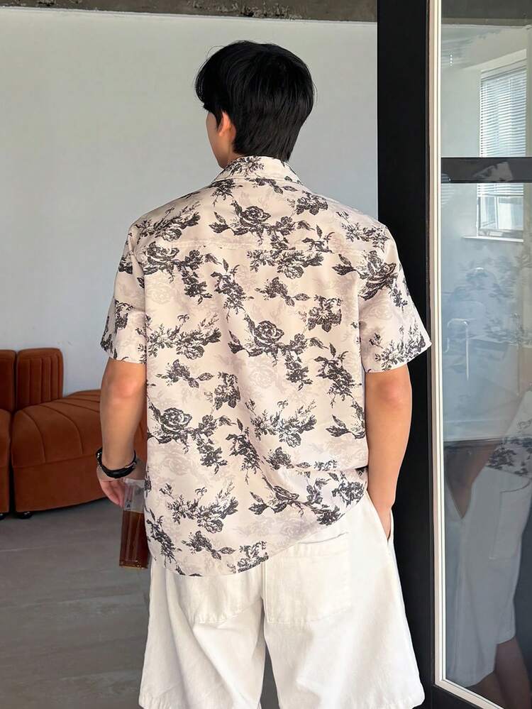 Men's Floral Print Short Sleeve Casual Vacation Shirt, Summer