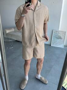 DAZY 男士条纹短袖衬衫短裤套装，夏季 - 卡其色 - 查看 3