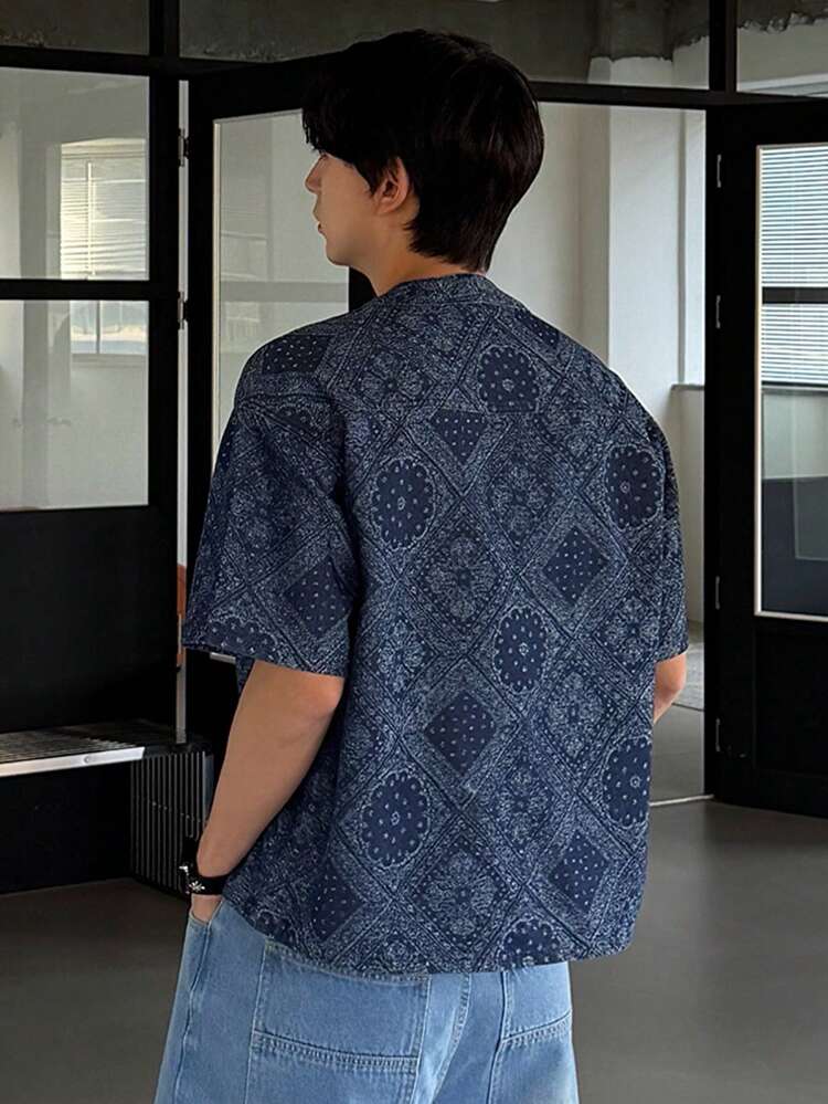 Summer Cashew Flower Blue Floral Print Short Sleeve Denim Shirt For Men