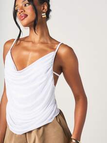 MISSGUIDED Women's White Plunge Cowl Neck Draped Cami Tank Top Sleeveless Summer Casual Strappy Back Detail Lightweight Blouse - White - View 4