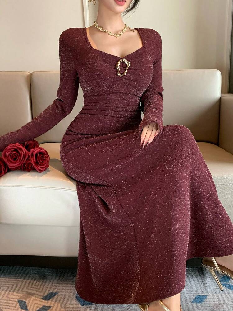 Women's Elegant Solid Color Glossy Pleated Mid-Length Dress, Spring/Summer, Wedding Guest Dress Women Dress Sundress