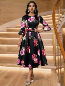 SHEIN Lady 女士优雅浪漫黑色碎花连衣裙，喇叭袖 - 黑色 - 查看 5