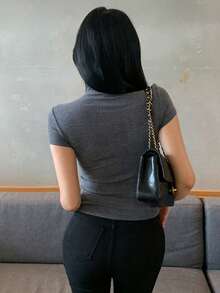 FRIFUL 女士高领紧身弹力面料装饰可爱性感T恤 - 白色 - 查看 9