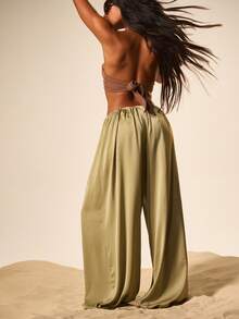 MISSGUIDED Women High Rise Wide Leg Palazzo Pants Flowy Boho Summer Beach Vacation Casual Loose Fit Trousers - Green - View 2