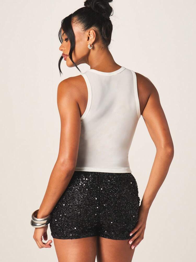 MISSGUIDED Women's White Mesh Tank Top With Sequin Floral Applique Polka Dot Pattern Summer Festival Crop Tank Sleeveless