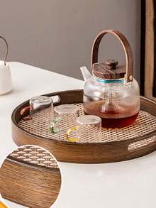 Practical And Exquisite Bamboo And Wood Storage Tray - Round Tea, Pastry, Fruit, Coffee, Stationery Storage Exquisite And Practical Gift - Brown - View 3