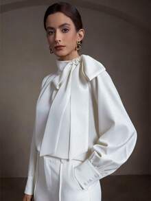 MOTF PREMIUM WOMEN'S ELEGANT OVERSIZED BOWKNOT RUCHED LANTERN SLEEVE TOP - White - View 4