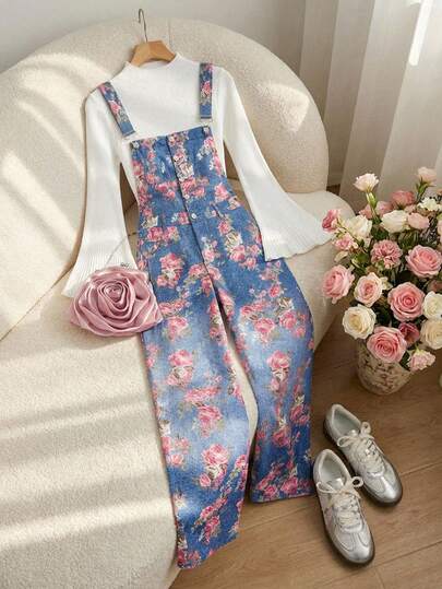 SHEIN MOD Plus Size Denim Effect Print Bib Overall Pants, Schoolgirl Style Long Pants.Plus Size Blue Floral Print Jumpsuit Wide Leg Sleeveless Pink Rose Pattern Structured Fit Button Front Soft Texture Belted Waist Elegant Style Classic Design Full Length Comfortable Fabric Subtle Sheen Artistic Details Vibrant Colors Vintage Inspired Chic Look