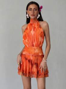 Aloruh 新款春夏无袖高领印花网纱褶皱层叠下摆露背迷你连衣裙，适合度假、约会、下午茶、旅行、音乐节、波西米亚风等场合。 - 橘色 - 查看 3
