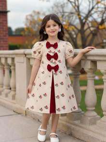 SHEIN LMoss Kids Young Girl Ditsy Floral Elegant Puff Sleeve Dress,Kids - Black and White - View 5