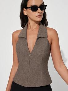 Aveloria Modichic 卡其色人字纹混纺拉链装饰前开领露背修身优雅休闲通勤百搭复古风女式背心 - 咖啡棕 - 查看 3