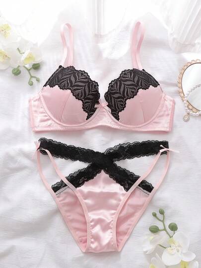 2pcs Floral Lace Patchwork Contrast Color 3/4 Cup Underwire Padded Push Up Comfy Balconette Cute Fresh Romantic Bow Babydoll Lingerie Set For Women