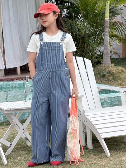 Dazy Kids Tween Girl Striped Pocket Casual Daily Vacation Denim Jumpsuit With Wide Leg