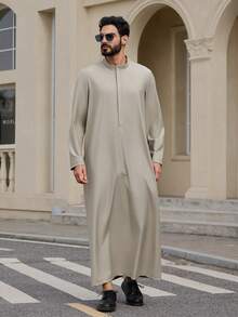 DAZY 男士长款灰色半开襟中东风格长袍衬衫，春季 - 灰色 - 查看 6