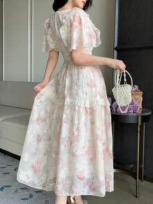 DAZY Gentle Lace Patchwork V-Neck Ruffle Hem Dress, Romantic Fairy Style, Summer Sundress - Baby Pink - View 4