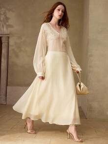 MOTF PREMIUM SPRING/SUMMER NEW BEADED COLLAR V-NECK LONG SLEEVE FASHIONABLE ELEGANT OFFICE LADY TOP - Apricot - View 6