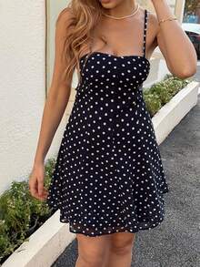 Livesso 沙滩派对度假装扮 夏季扎染波点休闲连衣裙 女式吊带裙 - 藍色 - 查看 4