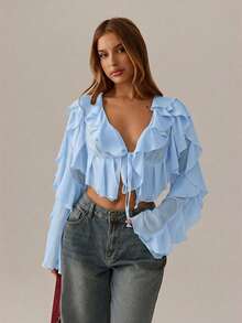 SHEIN SXY Black Top;Fall Women Clothes;Crop Tops;Holiday Costume Party Gathering Black Mesh See-Through Lotus Leaf Strap Deep V Neck Women Sexy Long Sleeve Shirt - Blue - View 1