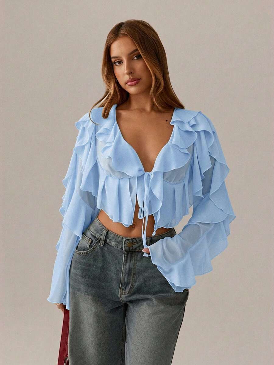 SHEIN SXY Black Top;Fall Women Clothes;Crop Tops;Holiday Costume Party Gathering Black Mesh See-Through Lotus Leaf Strap Deep V Neck Women Sexy Long Sleeve Shirt - Blue - View 1