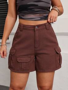 Jeanoix Pantalones cortos de mezclilla casuales y sueltos de talle alto con múltiples bolsillos para mujer - Marrón - Ver 4