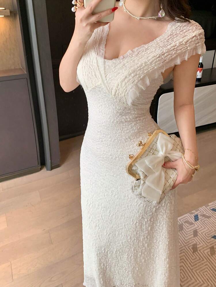 Women's Jacquard Frill Trim V-Neck Sleeveless Elegant Dress