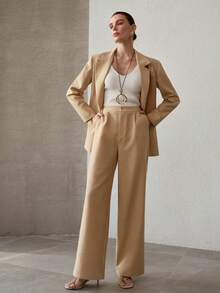 MOTF PREMIUM WOMEN'S HIGH WAIST CASUAL MINIMALIST LONG SUIT PANTS, COMMUTER STYLE - Khaki - View 6