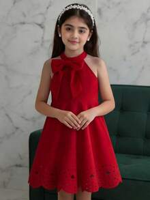 SHEIN Tween Girl Casual Solid Red Mandarin Collar Sleeveless Waist Flare Dress - Red - View 2