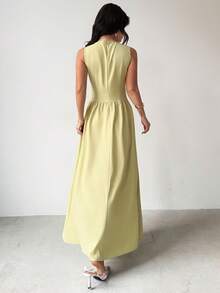 Firerie Vestido casual de oficina elegante y minimalista para uso diario, de textura de bambú sólido verde, sin mangas, con cintura hueca y plisado en línea A hasta la pantorrilla, adecuado para vacaciones, viajes, días festivos, primavera/verano, nueva llegada - Verde - Ver 2