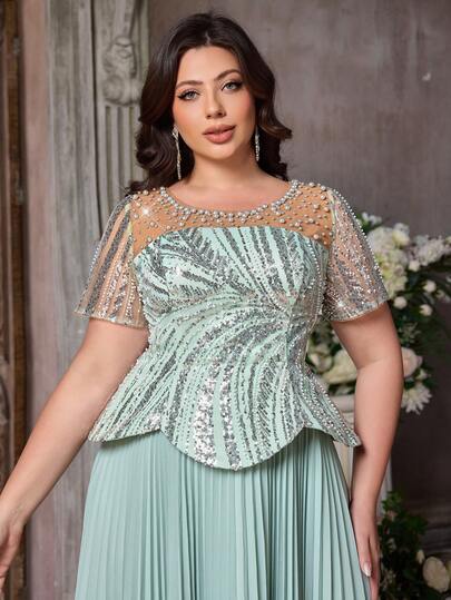 Aureia Đầm cỡ lớn sang trọng, thanh lịch màu xanh nhạt bằng vải chiffon, xếp ly, xòe rộng, gợi cảm, đính sequin và đá quý, thích hợp cho đám cưới, tiệc tùng, dạ hội, tiệc chiêu đãi (Thiết kế tinh xảo)