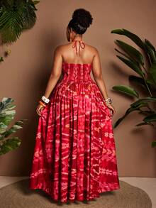 Maweii 大码女式红色扎染吊带连衣裙，收腰设计，飘逸裙摆。适合海岛度假、海滩派对、旅行摄影、都市漫步、音乐节等场合，打造清新度假风。 - 彩色 - 查看 2