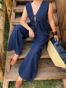 Dazy Plus Dark Washed Denim 2 Pieces Set, Backless Tie-Up Round Neck Sleeveless Denim Top And Loose Straight Leg Long Denim Pants, Spring/Summer - Dark Wash - View 9