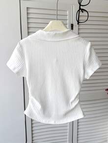Tween Girl Spring/Summer Solid Color Casual Elegant Bow Embroidered V-Neck Fitted Side Pleated Short Sleeve Cropped Stretchy Ribbed Polo Shirt, White - White - View 3