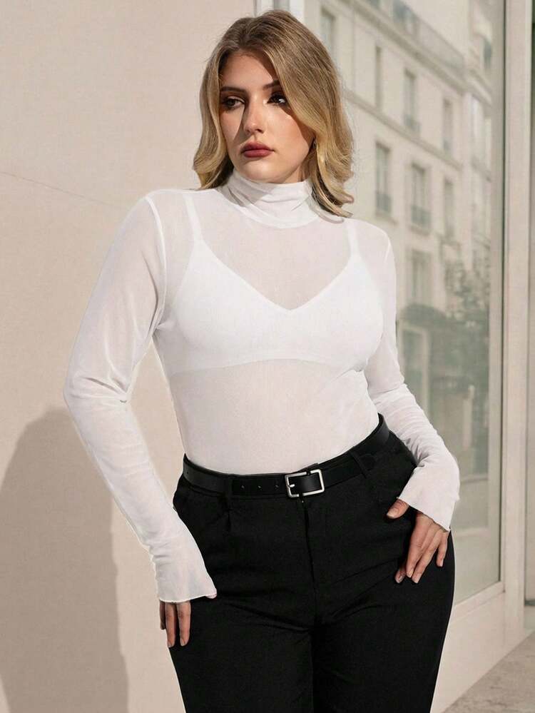 SHEIN Maija Plus Size Women Mandarin Collar Mesh Casual Versatile Date Night Long Sleeve T-Shirt St Patrick's Day Women Easter Summer Easter Women Party Top Beach Summer Holiday Each Vacation For Women Summer For Women Going Out Graduation Graduation Casual Casual Blouses For Women White Turtle Neck Top Women Women's Long Sleeves Tops Blouse For Women Casual Elegant Women Plus Size Tops Women's Sheer Long Sleeve Top