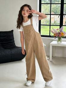 Tween Girls Cute Khaki Bib Pants With Bow Decor,Loose Straight Leg Soft Casual Summer School Back-To-School White,Versatile For Daily & Commute - Khaki - View 2