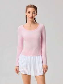 OutZeal 女士运动粉色T恤 日常休闲速干修身长袖U领运动上衣 - 粉色 - 查看 4