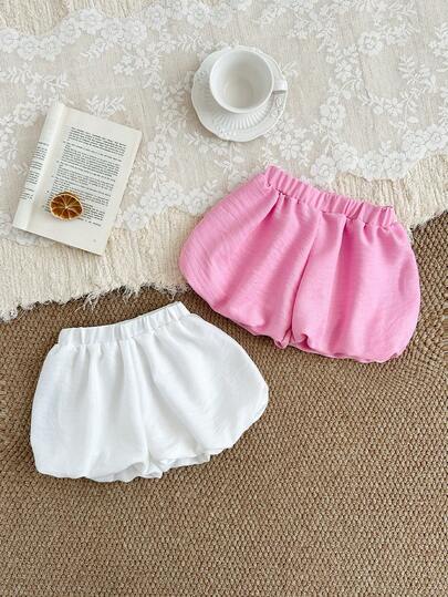 SHEIN 2pcs/Set Baby Girl Casual Solid Color Ruffle Shorts, Versatile For Spring And Summer