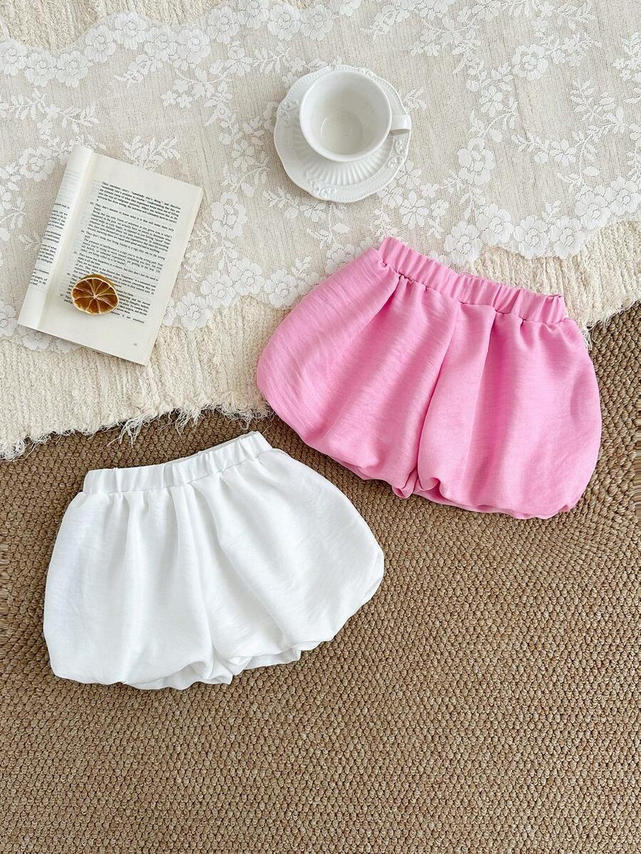 SHEIN 2件套女婴休闲纯色荷叶边短裤,春夏百搭 - 彩色 - 查看 1