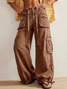Bohemela Women's Casual Solid Color Woven Loose Drawstring Waist Low-Rise Wide Leg Pants - Brown - View 4