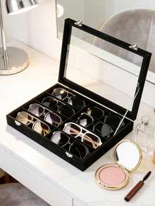 Fashion Glasses Storage Box, Beige Velvet Glasses Tray - Glasses, Watch, And Jewelry Display Box - Unisex (8 Compartments), 8-Compartment Velvet Fashion Glasses And Jewelry Storage Tray, Polyester Fabric Glasses And Accessories - E - View 6