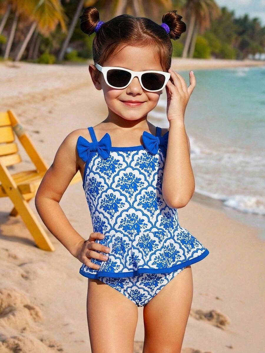 Emery Rose Kids Emery Rose Kids 少女夏季假日沙滩蝴蝶结装饰西瓜印花荷叶边下摆连体泳衣 - 藍白色 - 查看 1