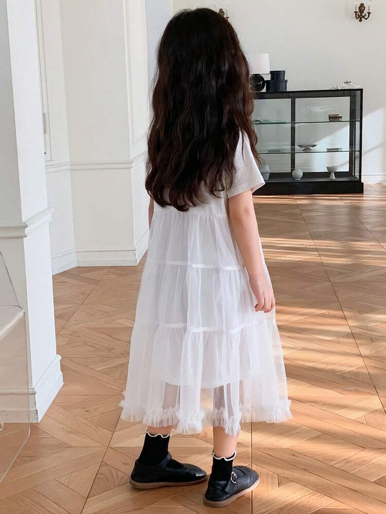 Young Girl Bow Print Ruffle Mesh Casual Party Dress