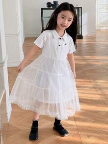 DAZY Vestido casual de fiesta con volantes y estampado de lazos para niña - Blanco - Ver 3